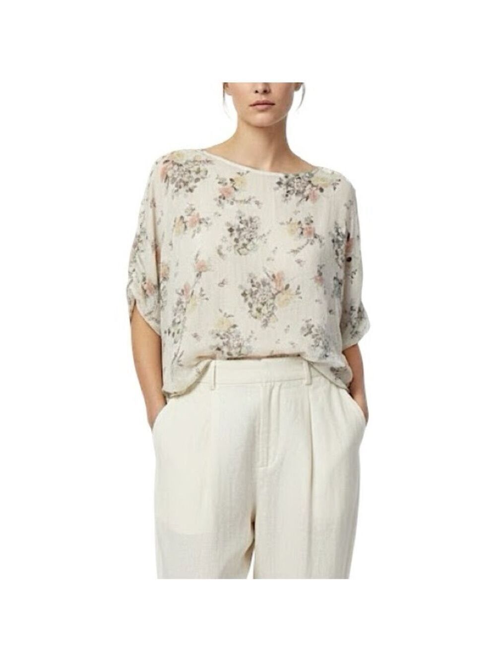Beige floral 100% Italian Silk lace dolman sleeve top